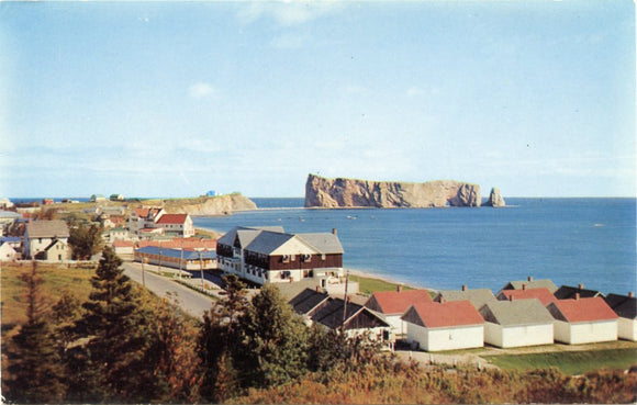 Perce Rock, Que., from S. W., Overlooking Main Highway-Carey's Emporium