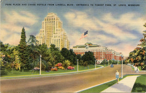 Park Plazsa and Chase Hotels from Lindell Blvd., Entrance to Forest Park, St. Louis, MO