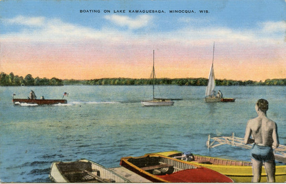 Boating on Lake Kawaguesaga, Minocqua, WI [Postcard]