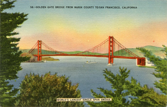 Golden Gate Bridge from Marin County to San Francisco, CA [Postcard]