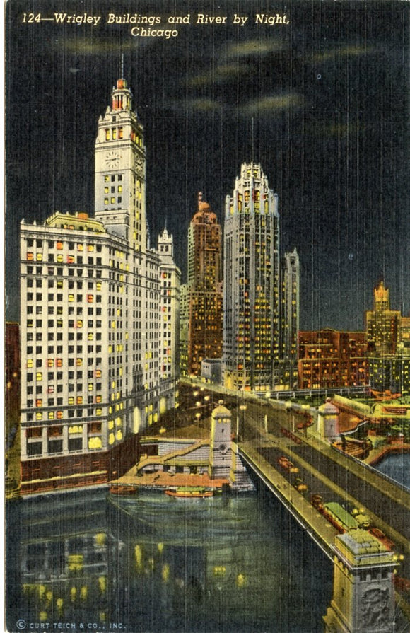 Wrigley Buildings and River by Night, Chicago, IL [Postcard]