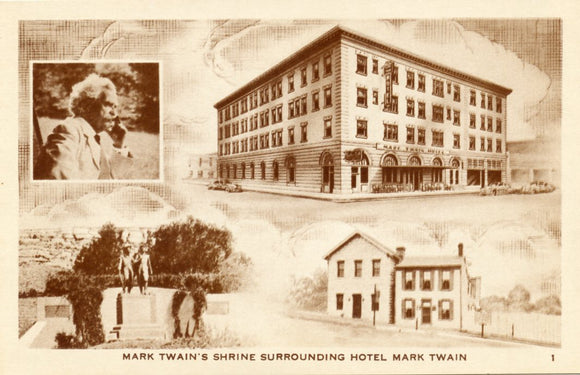 Mark Twain's Shrine Surrounding Hotel Mark Twain, Hannibal, MO [Postcard]